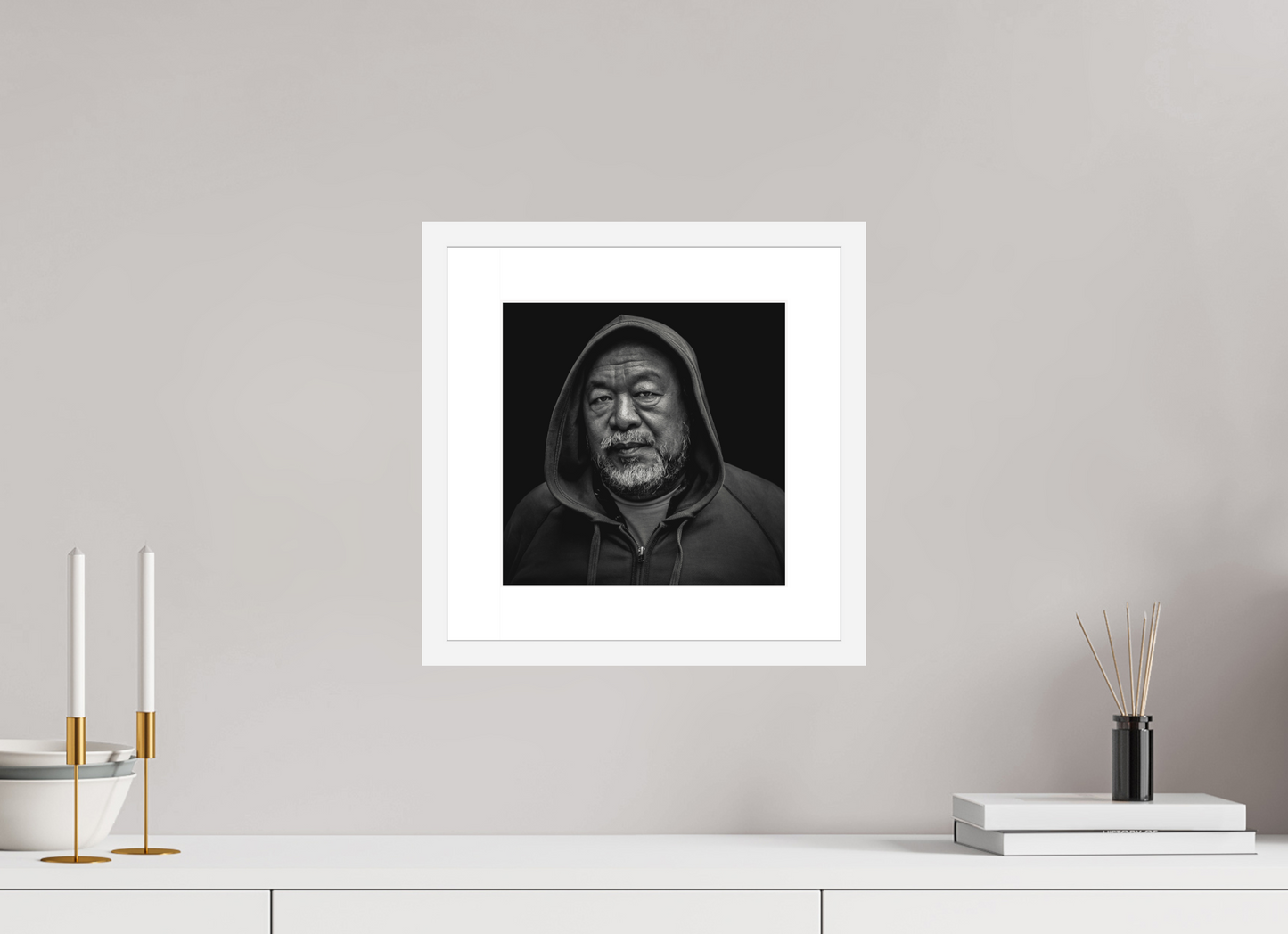 10 x 10″, Solid 0.8" White Wood Frame With 2" Natural White Passe-Partout with Museum Glass Ai WeiWei, Chinese contemporary artist