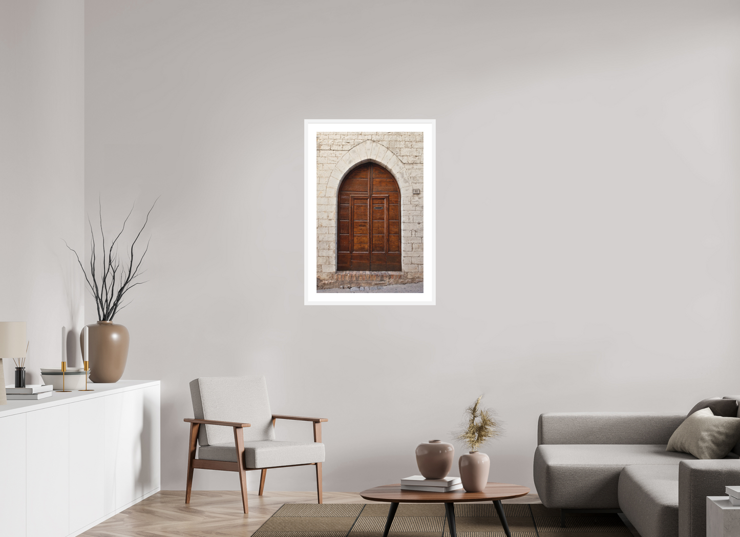 24 x 36″, Solid 0.8" White Wood Frame With 2" Natural White Passe-Partout with Museum Glass Umbrian Door
