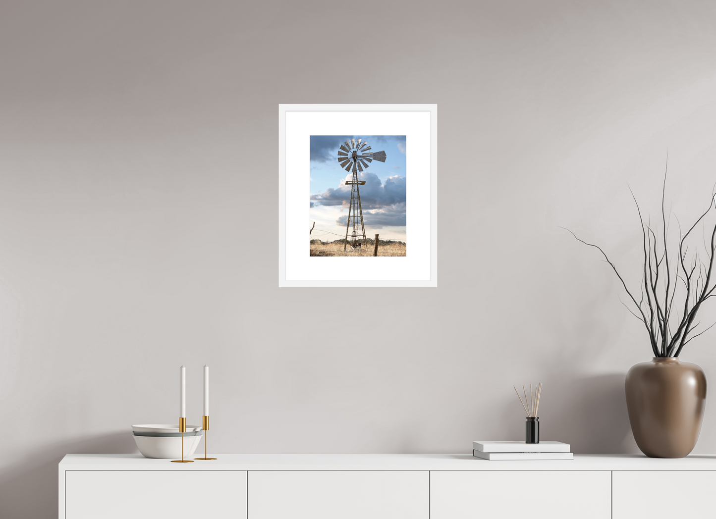 12 x 15″, Solid 0.8" White Wood Frame With 3" Natural White Passe-Partout with Museum Glass Water Wheel - Cold Springs, CO