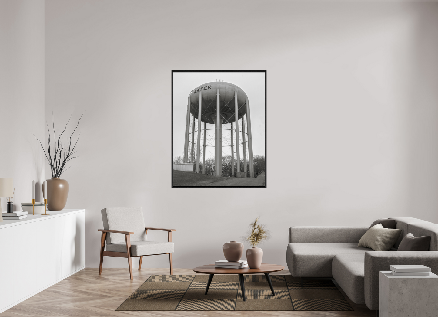 43 x 53.7″, Floater Frame Grey Water Tower