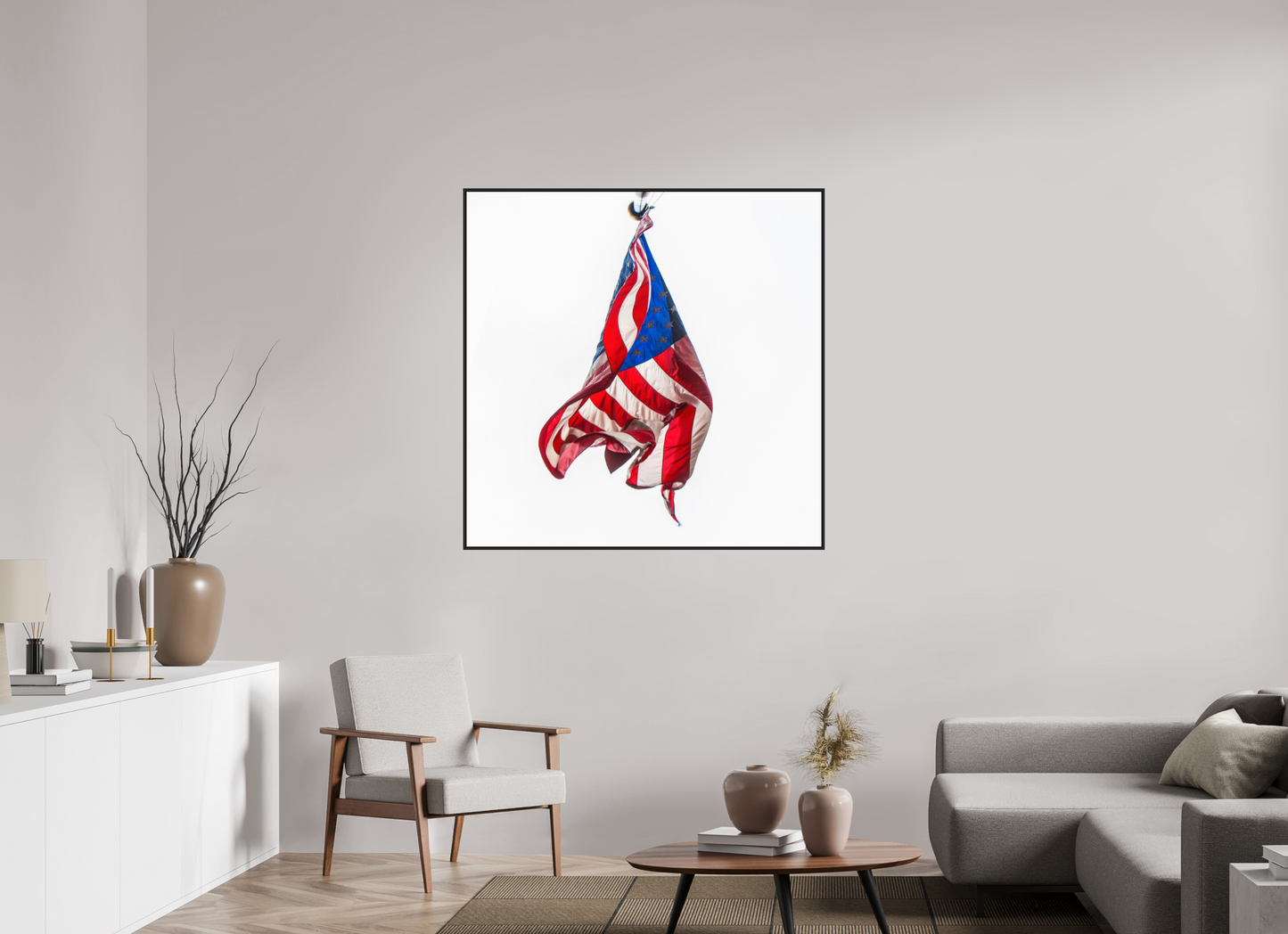 45 x 45″, Black Matte Frame, No Border Crumpled USA Flag