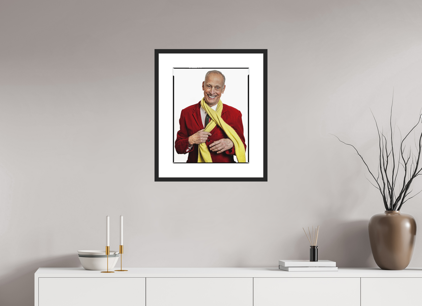 16 x 20″, Solid 0.8" Black Wood Frame With 3" Natural White Passe-Partout with Museum Glass Director John Waters in Red Jacket