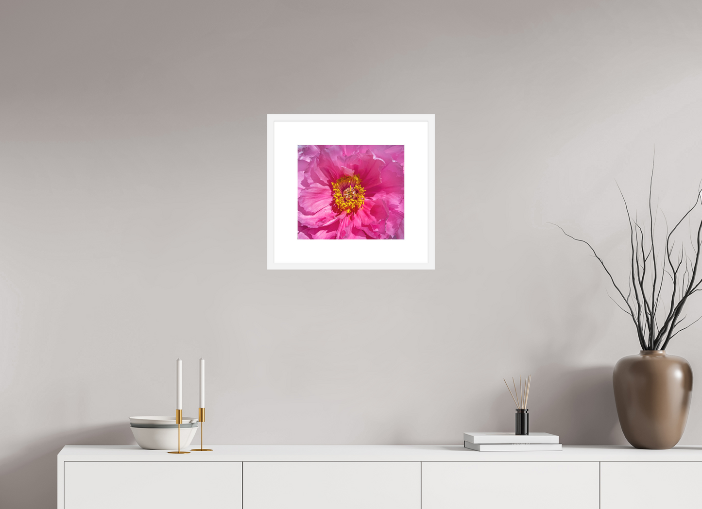 13.5 x 12″, Solid 0.8" White Wood Frame With 3" Natural White Passe-Partout with Museum Glass Pink Flower