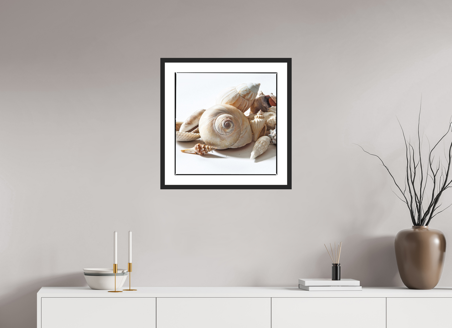 20 x 20″, Solid 0.8" Black Wood Frame With 2" Natural White Passe-Partout with Museum Glass Sea Shells
