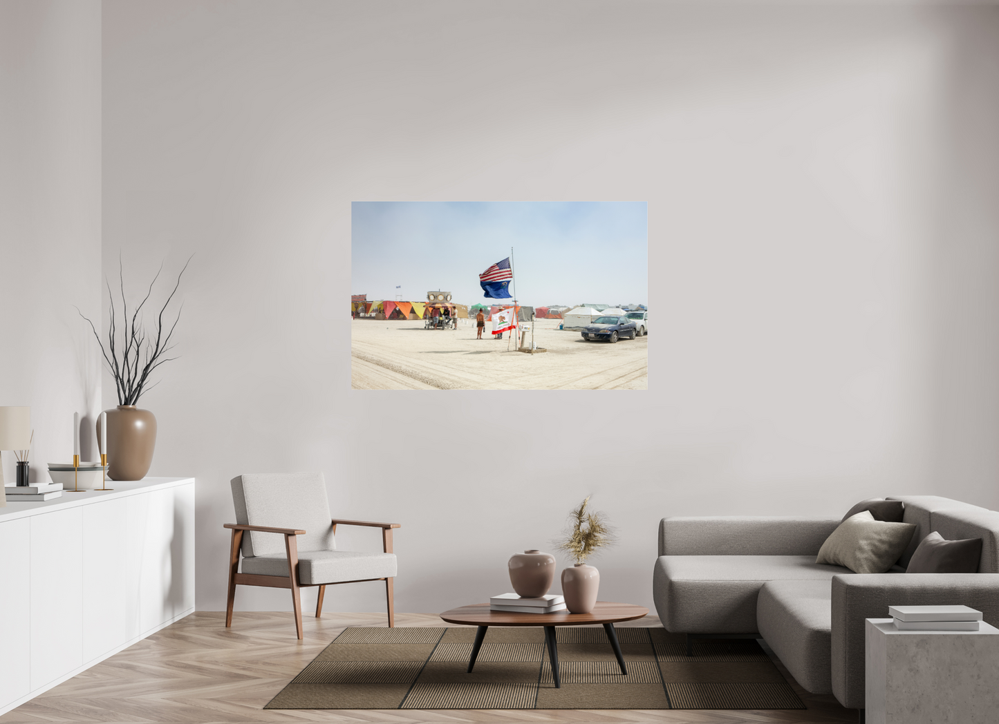 61.3 x 39″, Frameless Acrylic Glass Burning Man - Woman and Flags