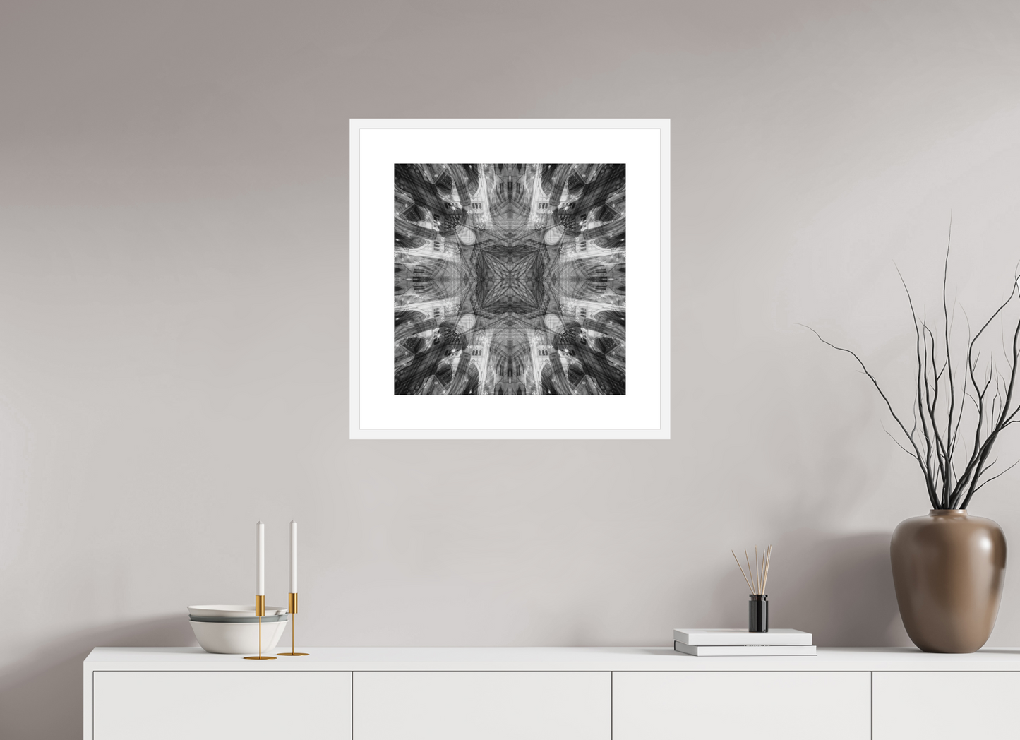20 x 20″, Solid 0.8" White Wood Frame With 3" Natural White Passe-Partout with Museum Glass Architectual Abstraction