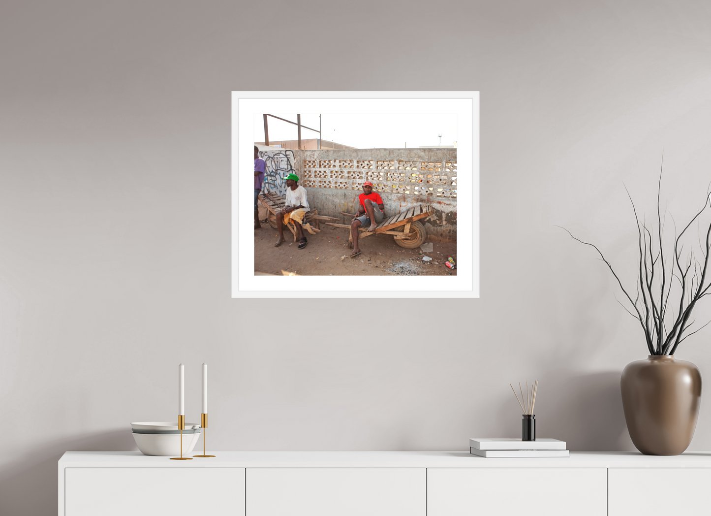 25 x 20″, Solid 0.8" White Wood Frame With 2" Natural White Passe-Partout with Museum Glass Worker in Red Shirt, Angola