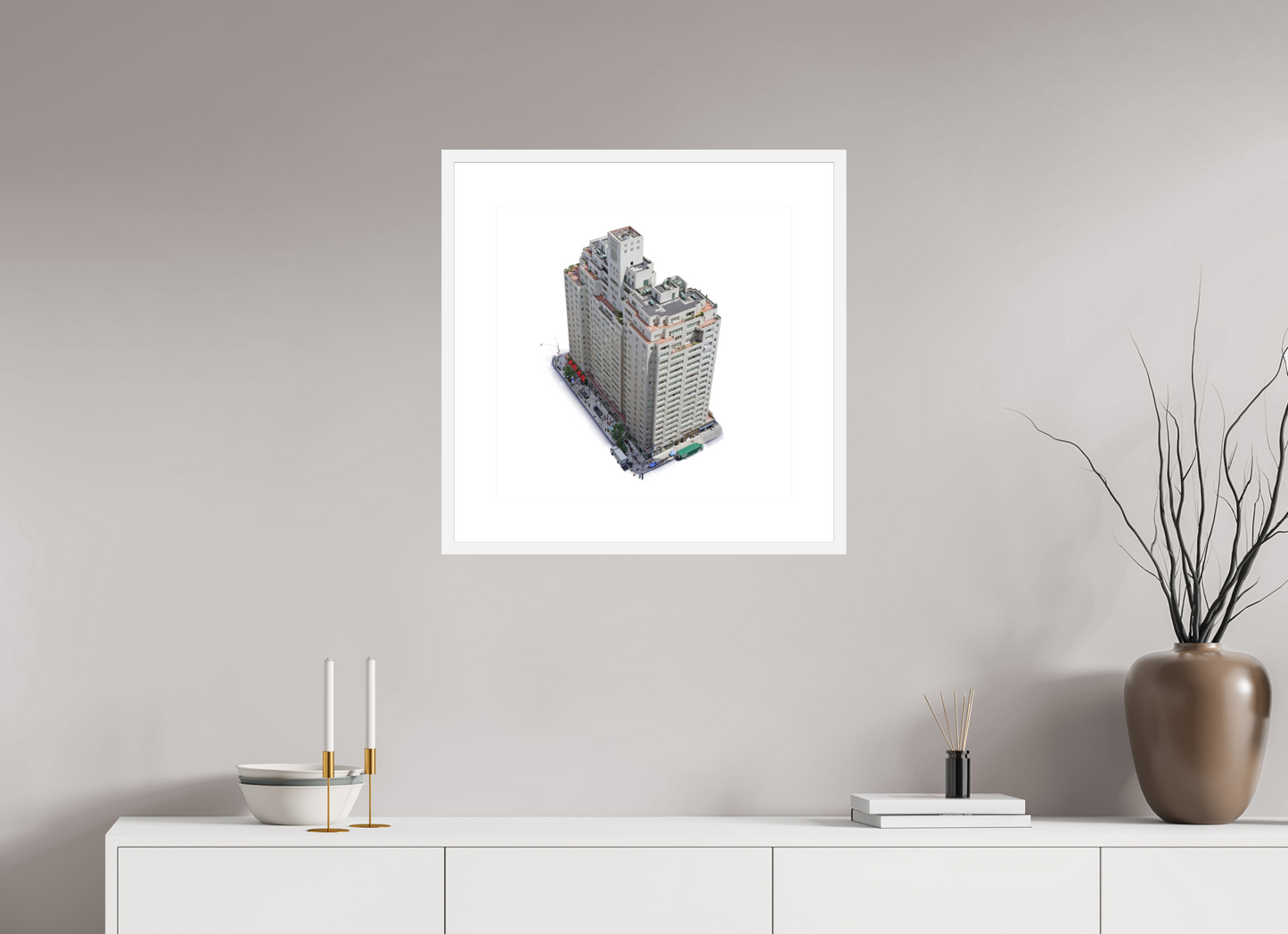 20 x 20″, Solid 0.8" White Wood Frame With 3" Natural White Passe-Partout with Museum Glass New York City Apartment  Building