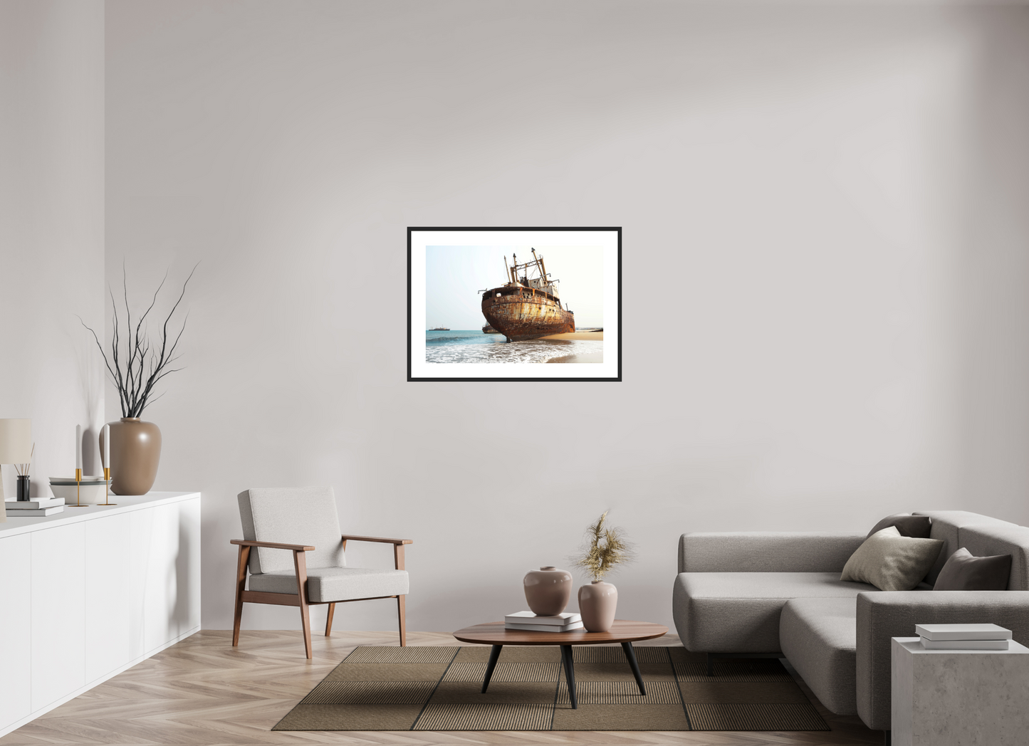 36 x 24″, Solid 0.8" Black Wood Frame With 3" Natural White Passe-Partout with Museum Glass Grounded Ships Angola