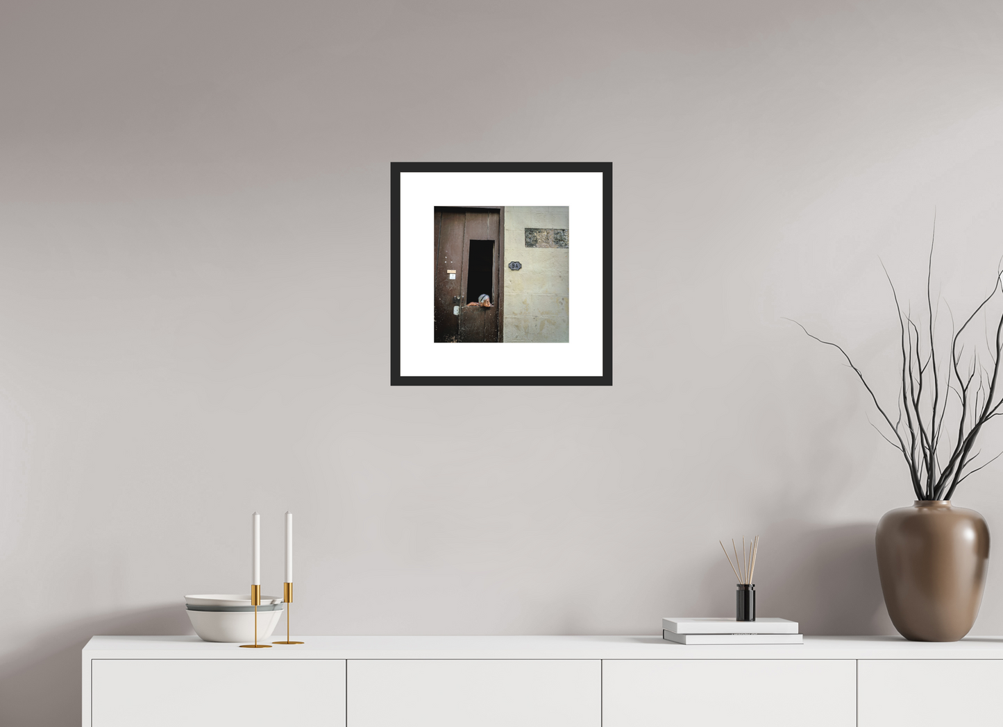 12 x 12.2″, Solid 0.8" Black Wood Frame With 3" Natural White Passe-Partout with Museum Glass Cuban Woman in Window, Havana