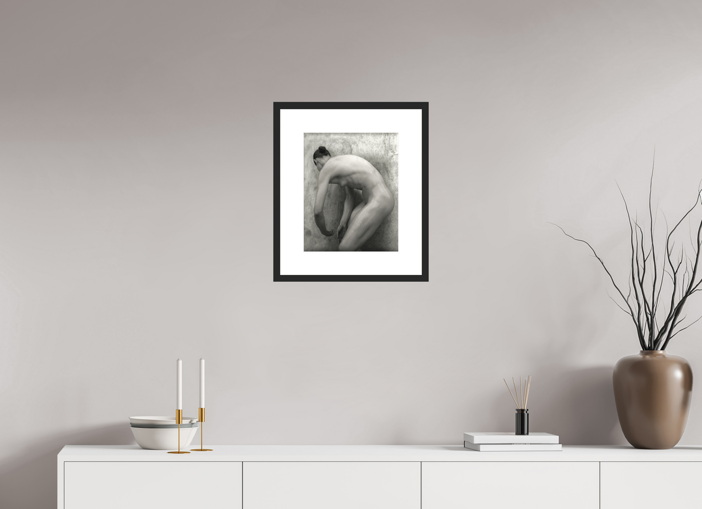 12 x 15″, Solid 0.8" Black Wood Frame With 3" Natural White Passe-Partout with Museum Glass Nude No. 60