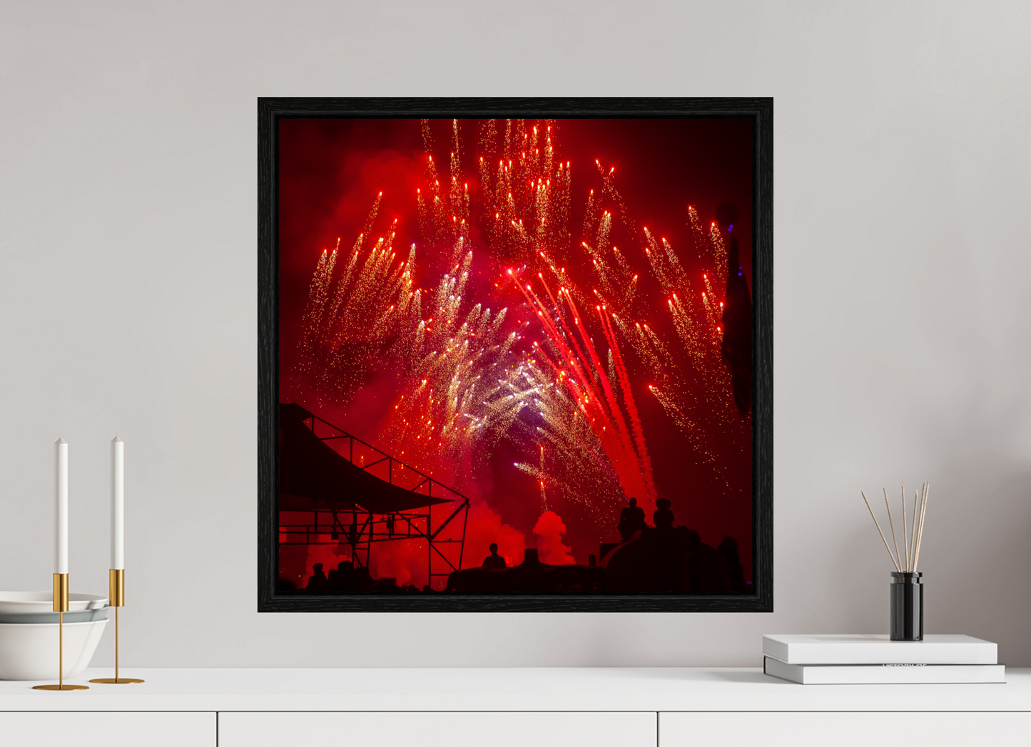 20 x 20″, Floater Frame Burning Man - Red Fireworks