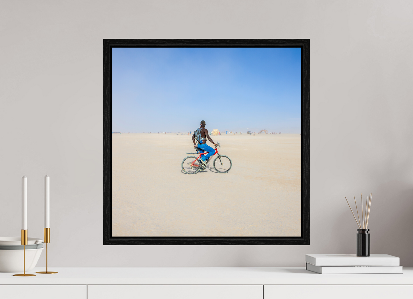 20 x 20″, Floater Frame Burning Man - Man on Red Bike