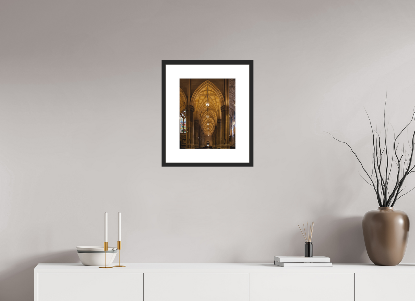 12 x 15″, Solid 0.8" Black Wood Frame With 3" Natural White Passe-Partout with Museum Glass Gothic Archway, St. Patrick's Cathedral