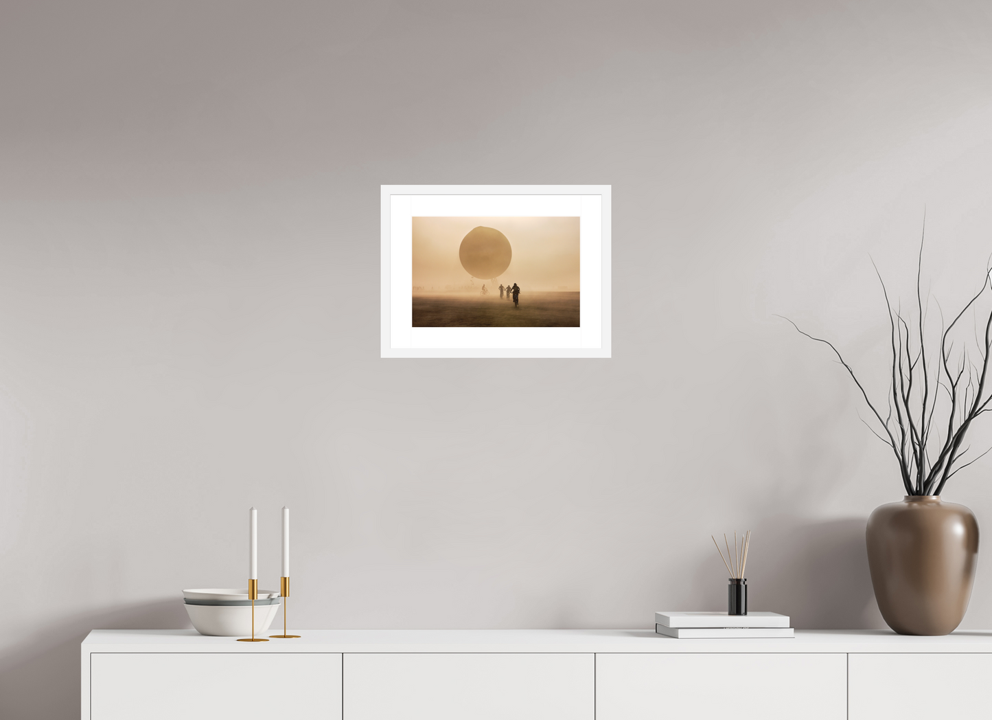 15 x 10″, Solid 0.8" White Wood Frame With 2" Natural White Passe-Partout with Museum Glass Burning Man - Weather Balloon and Bikers