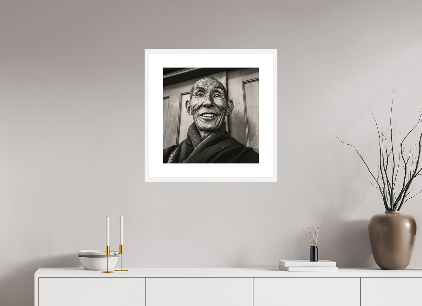 20 x 20″, Solid 0.8" White Wood Frame With 3" Natural White Passe-Partout with Museum Glass Reincarnated Tibetan Monk, Tibet