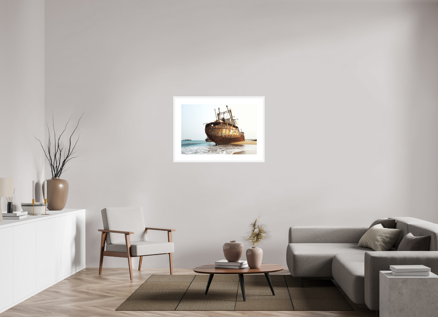 36 x 24″, Solid 0.8" White Wood Frame With 3" Natural White Passe-Partout with Museum Glass Grounded Ships Angola