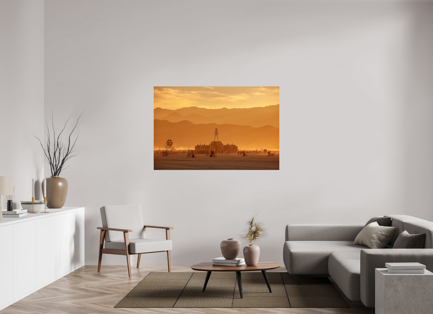 60 x 40″, Frameless Acrylic Glass Burning Man - Burning Man and Mountains