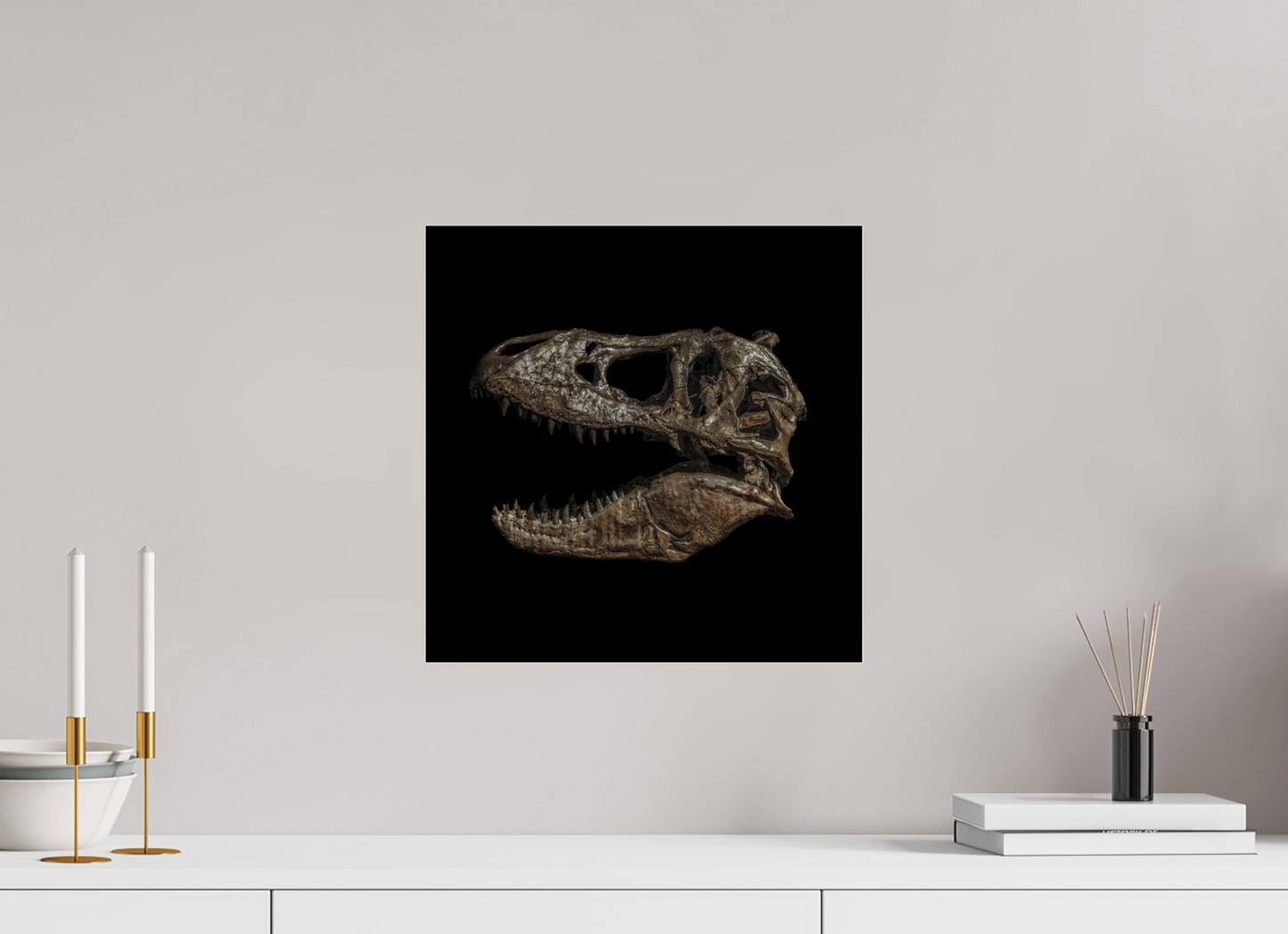 15 x 15″, Frameless Acrylic Glass T-Rex Skull