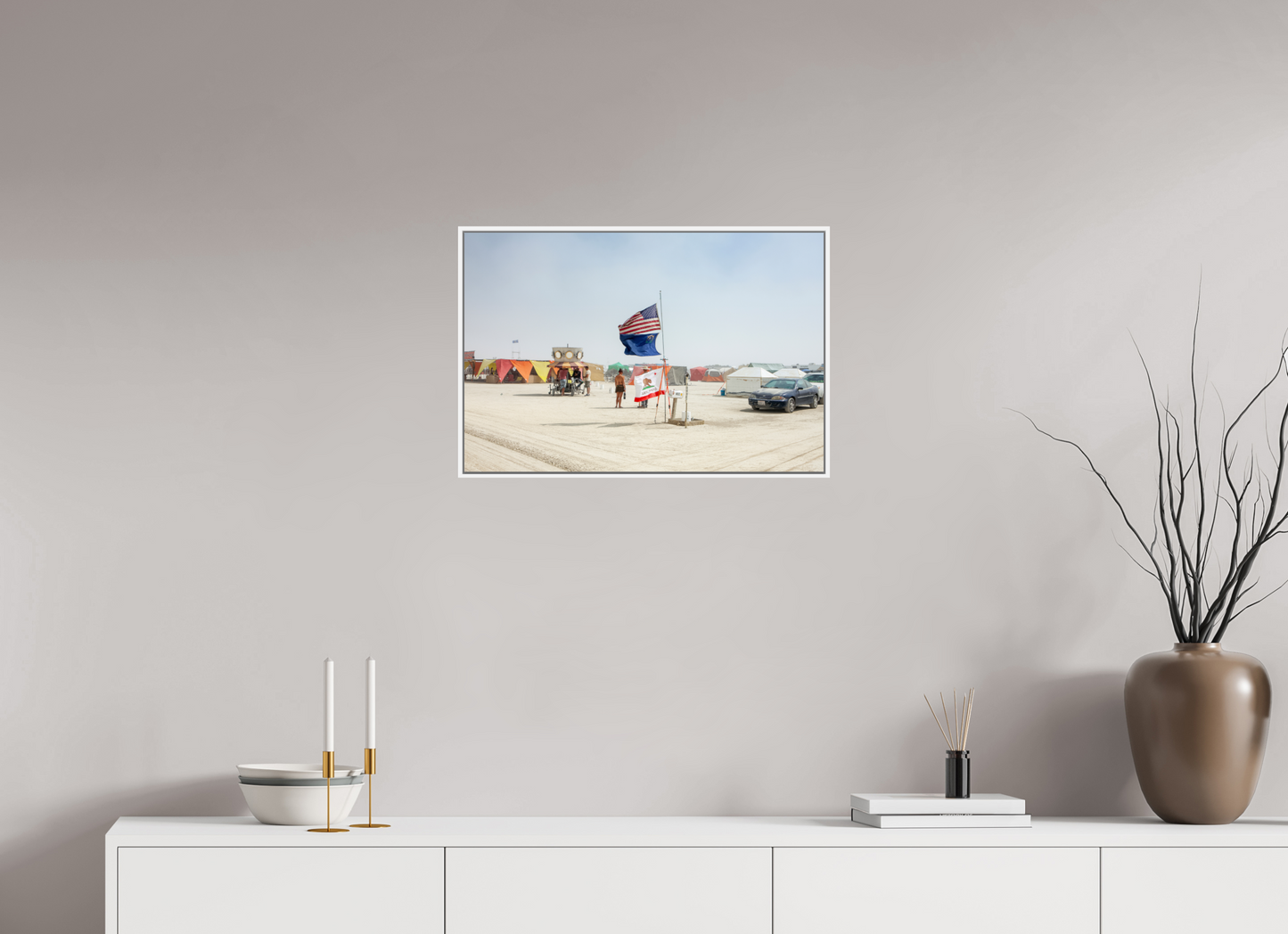 24 x 16″, White Matte Frame, No Border Burning Man - Two Flags