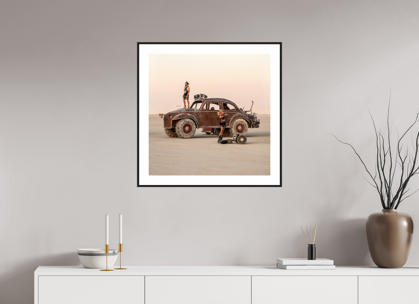 25 x 25″, Black Matte Frame Burning Man - Art Car Large VW