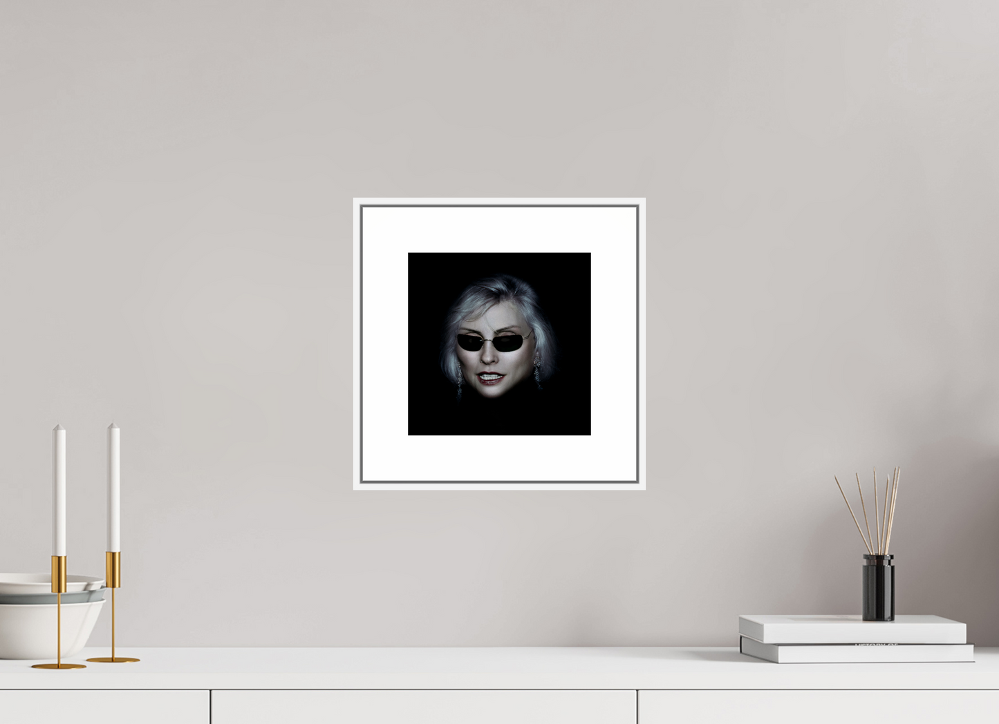 8 x 8″, White Matte Frame Debbie Harry Wearing Glasses