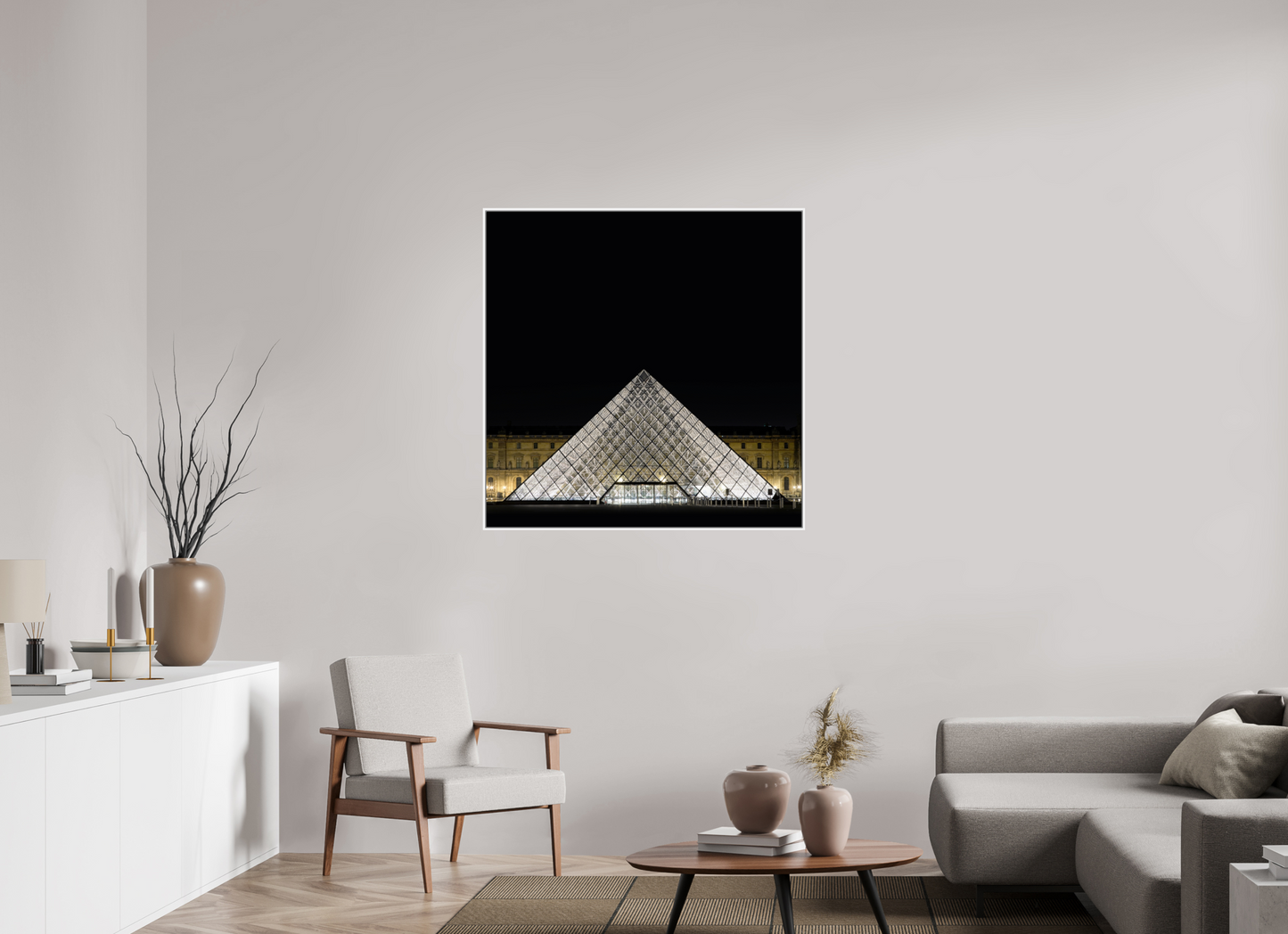 40 x 40″, White Matte Frame, No Border The Louvre Pyramid