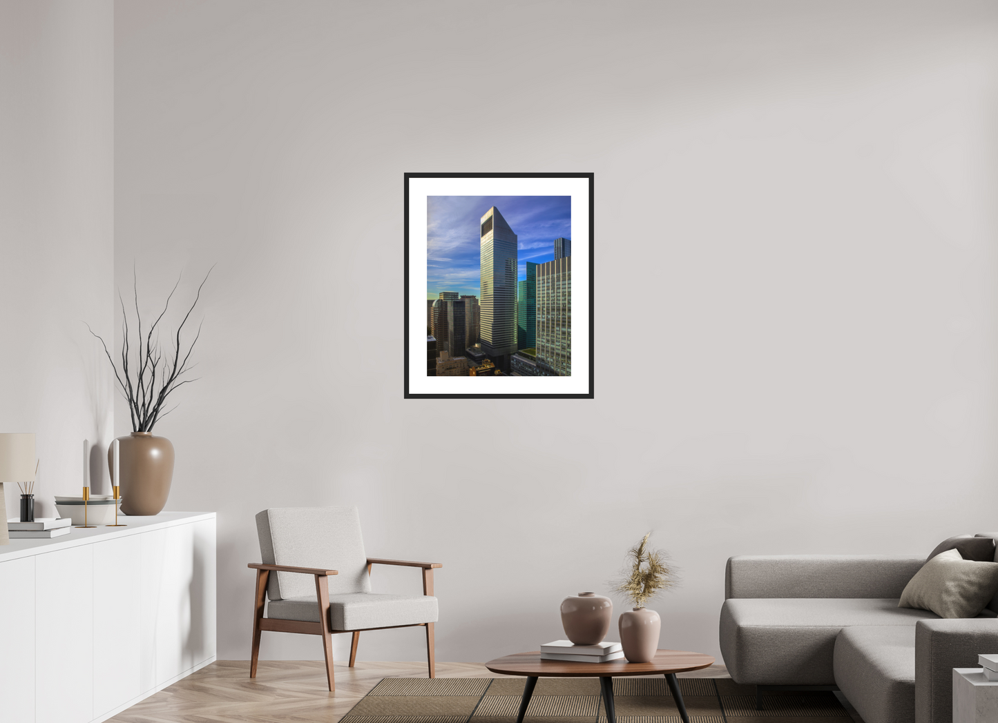 24 x 30″, Solid 0.8" Black Wood Frame With 3" Natural White Passe-Partout with Museum Glass CitiCorp Tower