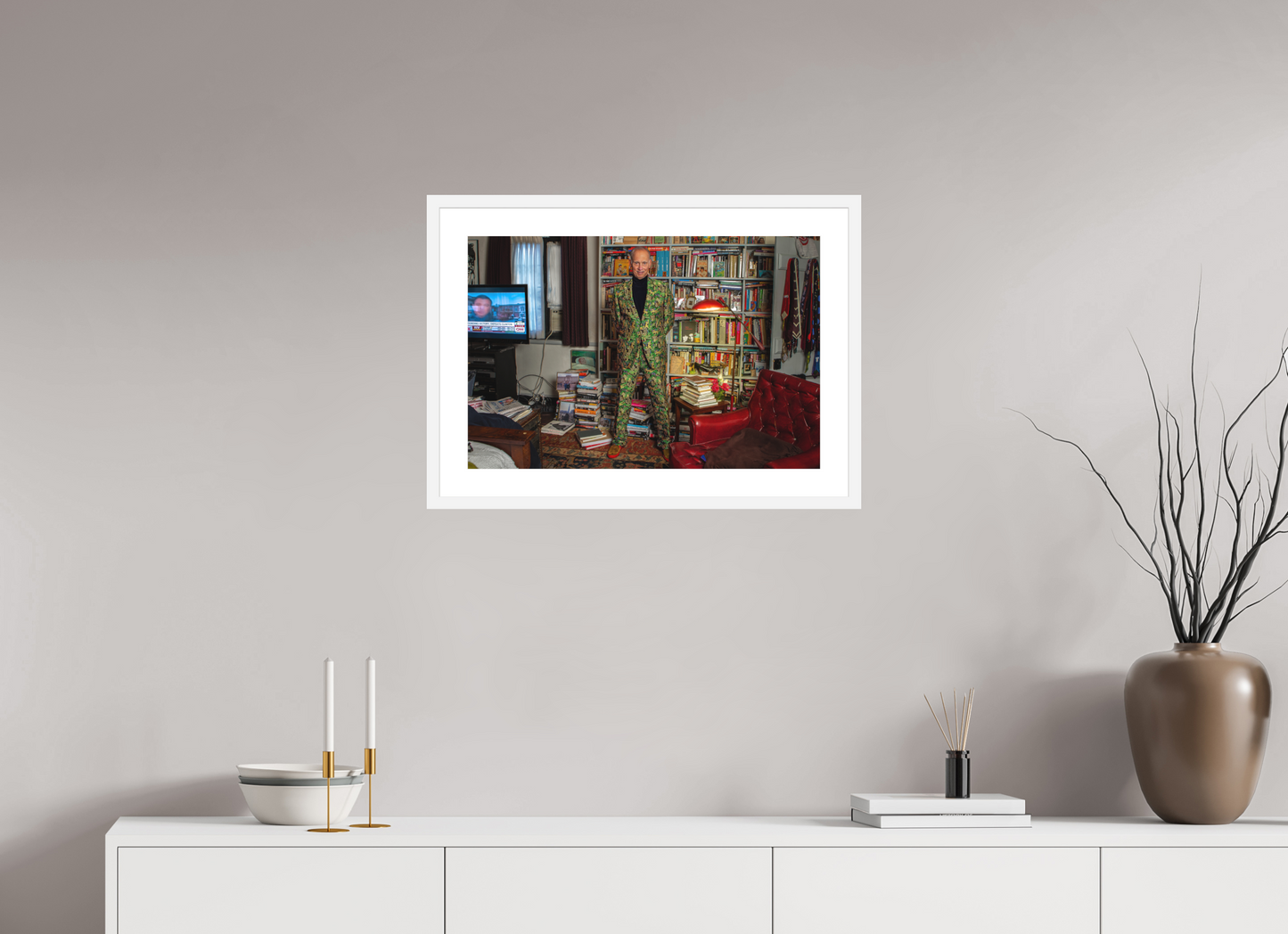 24 x 16″, Solid 0.8" White Wood Frame With 2" Natural White Passe-Partout with Museum Glass Director John Waters in his Bedroom with TV