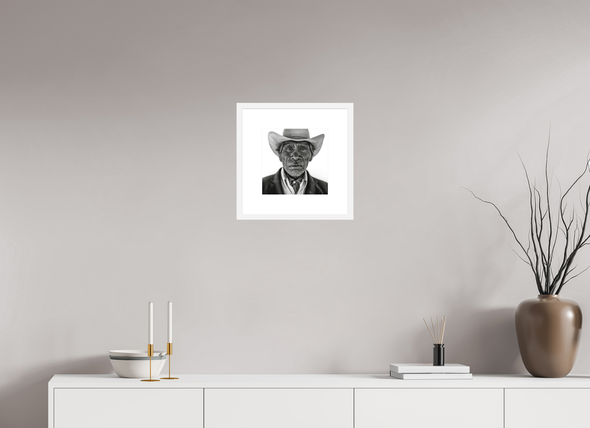 10 x 10″, Solid 0.8" White Wood Frame With 2" Natural White Passe-Partout with Museum Glass Tarahumara Cowboy