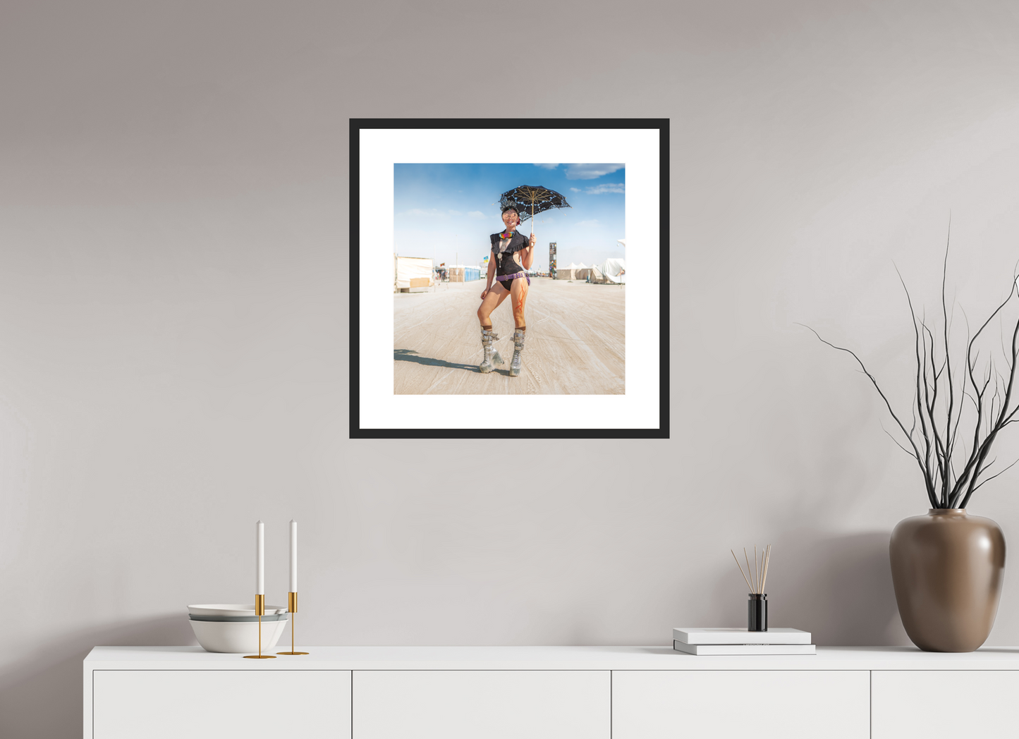 20 x 20″, Solid 0.8" Black Wood Frame With 3" Natural White Passe-Partout with Museum Glass Burning Man - Attendee with Parasol