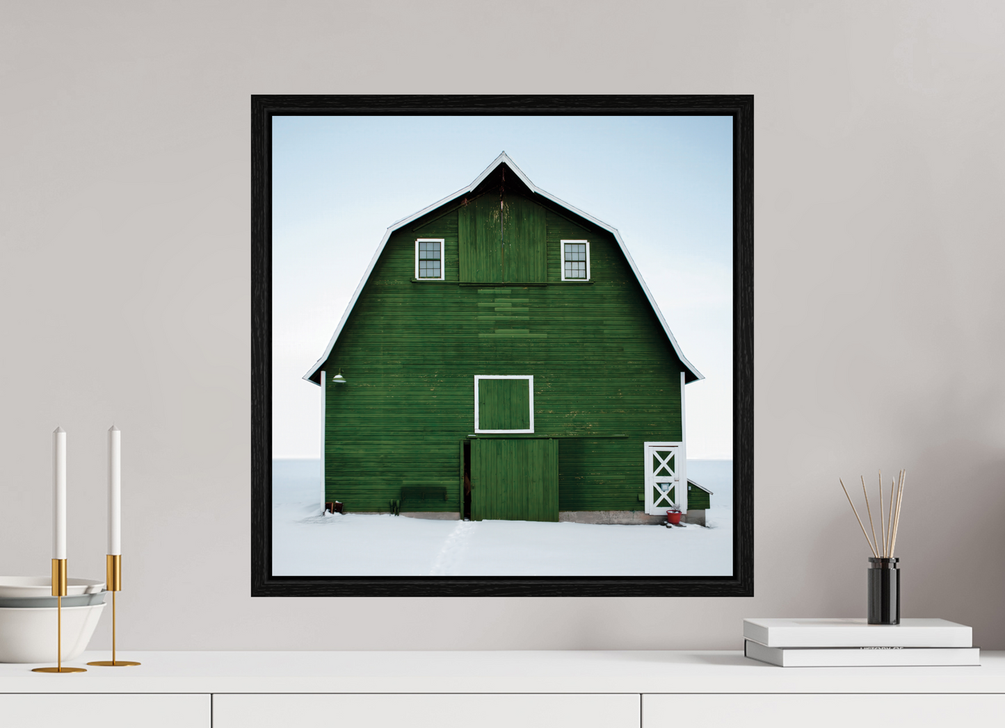 20 x 20″, Floater Frame Green Barn