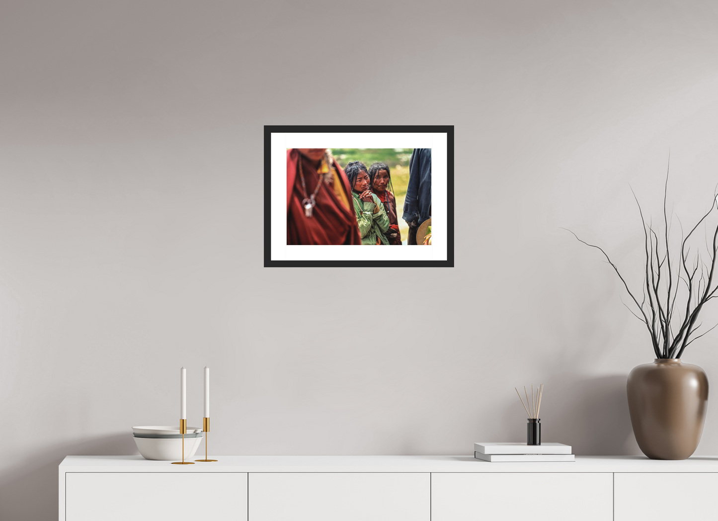 17.8 x 12″, Solid 0.8" Black Wood Frame With 2" Natural White Passe-Partout with Museum Glass Tibetan Girl in Green Jacket
