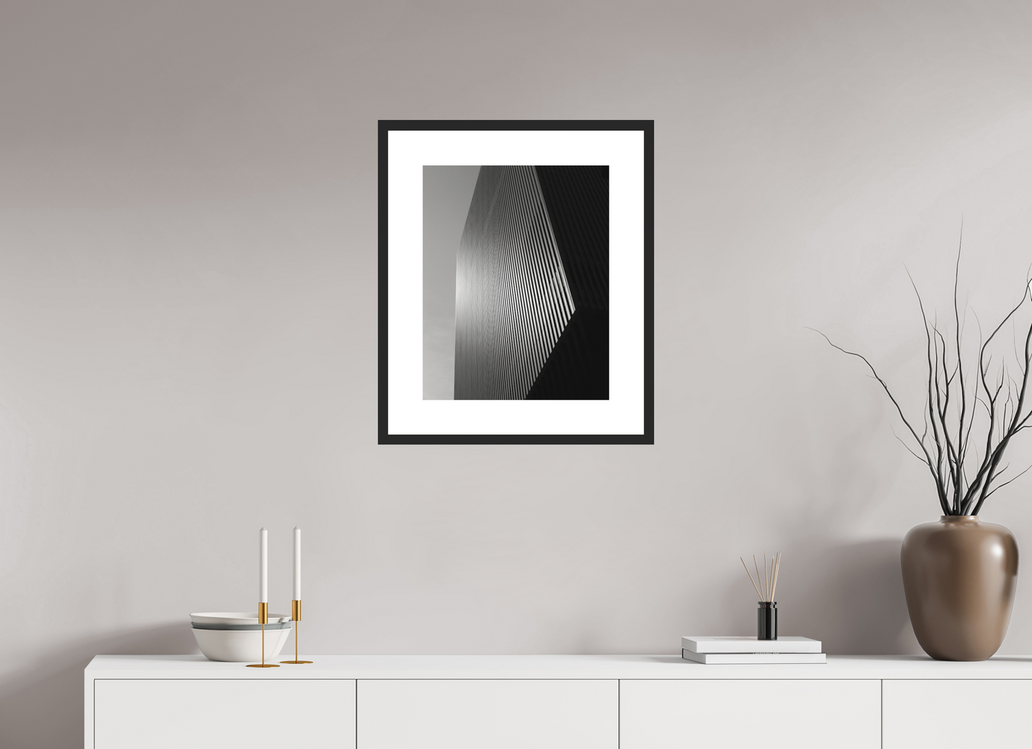 16 x 20″, Solid 0.8" Black Wood Frame With 3" Natural White Passe-Partout with Museum Glass Architectural Facade