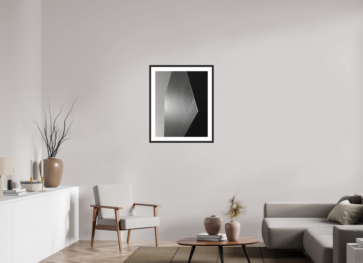 24 x 30″, Solid 0.8" Black Wood Frame With 2" Natural White Passe-Partout with Museum Glass Architectural Facade