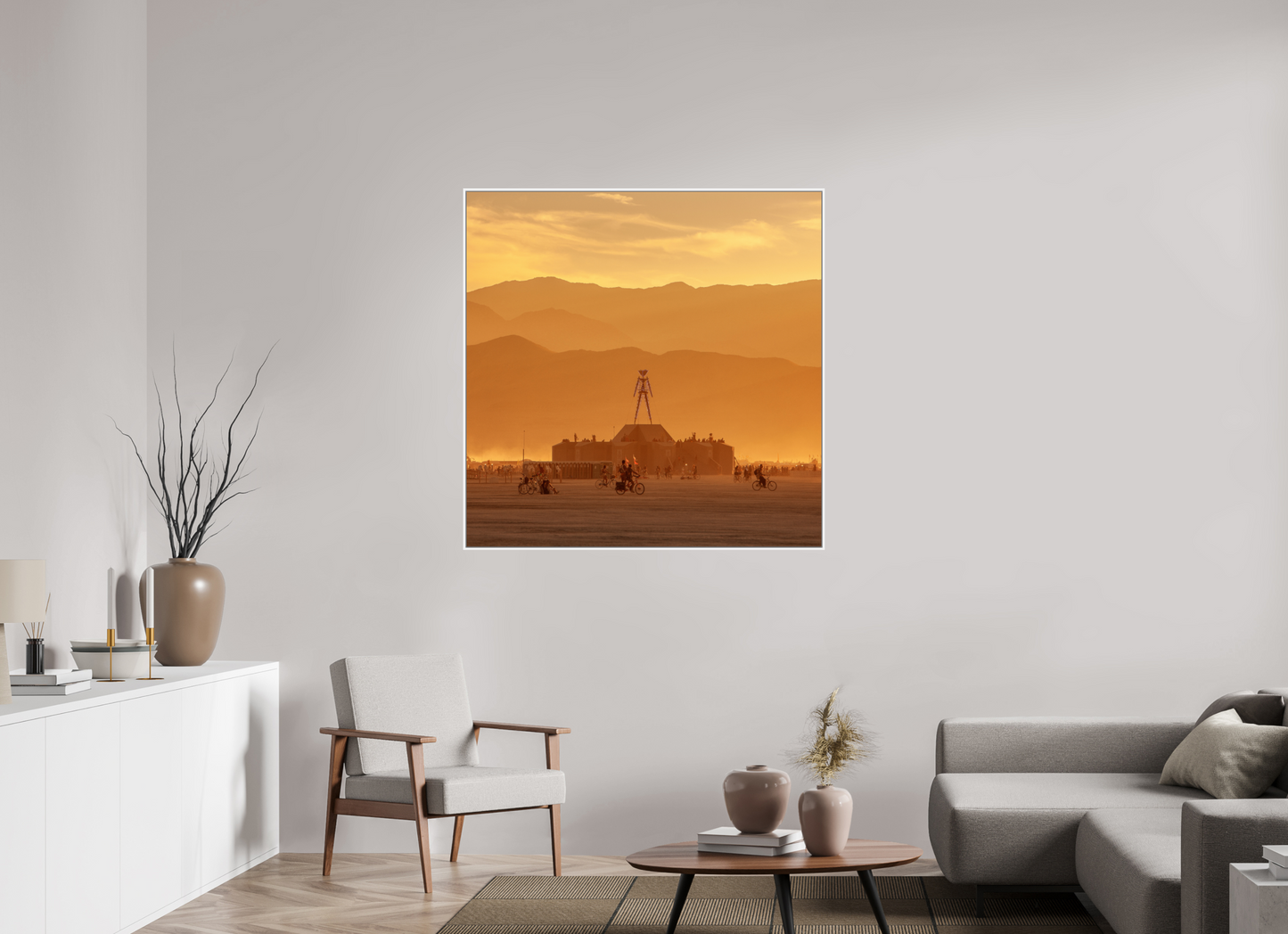45 x 45″, White Matte Frame, No Border Burning Man with Mountains