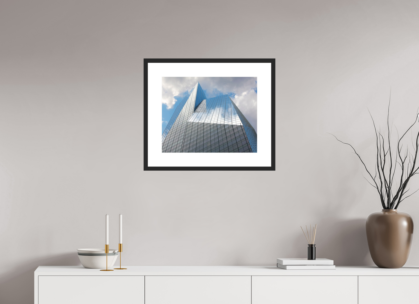 20 x 16″, Solid 0.8" Black Wood Frame With 3" Natural White Passe-Partout with Museum Glass Bank of America Tower