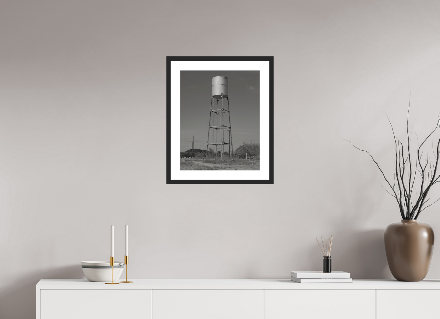 16 x 20″, Solid 0.8" Black Wood Frame With 2" Natural White Passe-Partout with Museum Glass Cylinder Water Tower