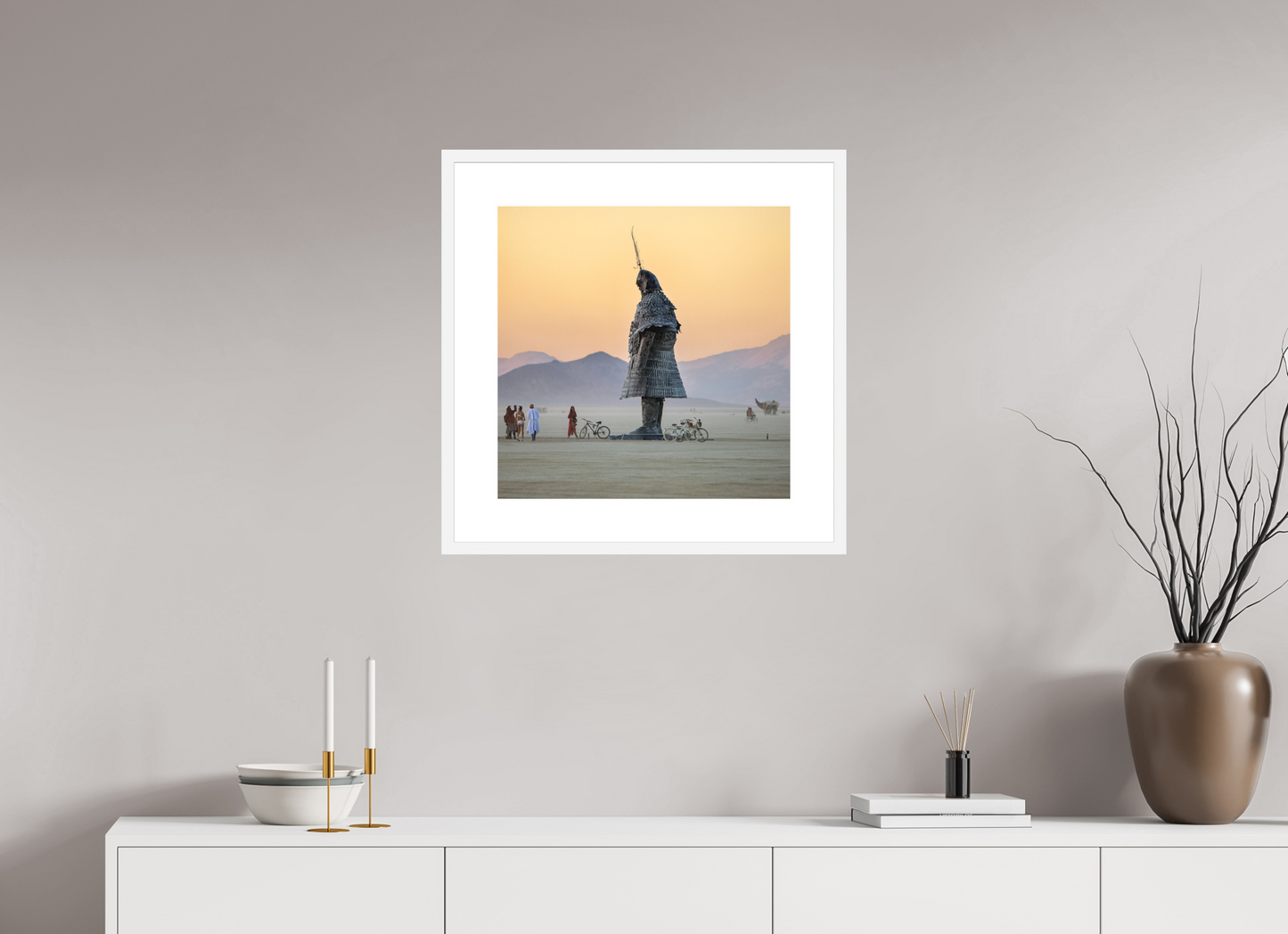 20 x 20″, Solid 0.8" White Wood Frame With 3" Natural White Passe-Partout with Museum Glass Burning Man - The Samurai with Admirer (square format)
