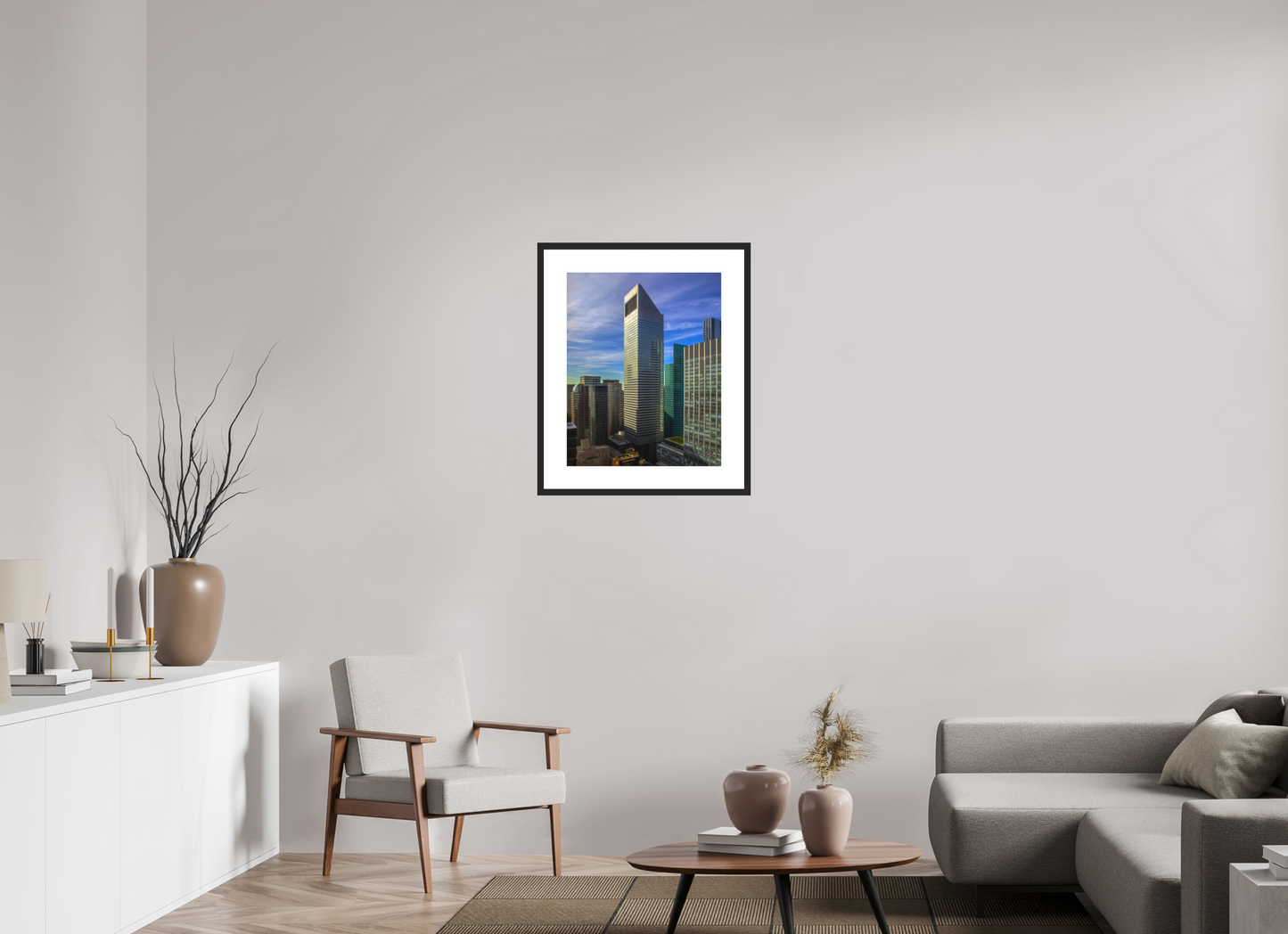 20 x 25″, Solid 0.8" Black Wood Frame With 3" Natural White Passe-Partout with Museum Glass CitiCorp Tower