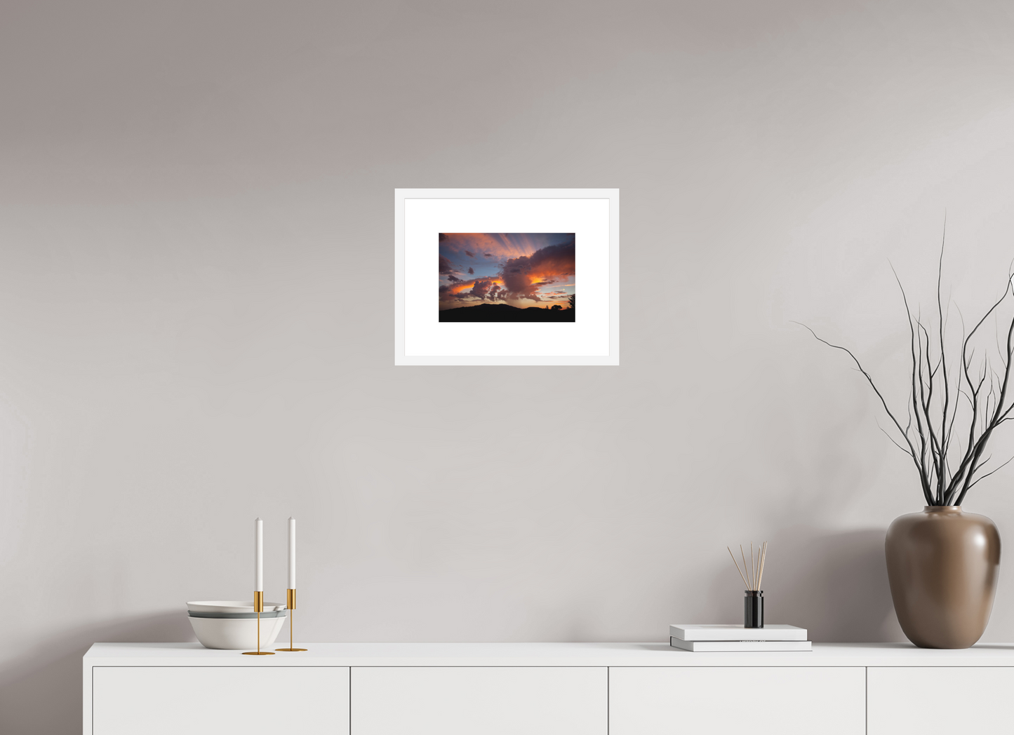 12 x 8″, Solid 0.8" White Wood Frame With 3" Natural White Passe-Partout with Museum Glass Sunset with Clouds