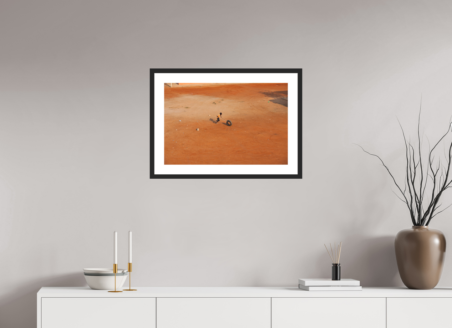 24 x 16″, Solid 0.8" Black Wood Frame With 2" Natural White Passe-Partout with Museum Glass Boy with Tire, Angola