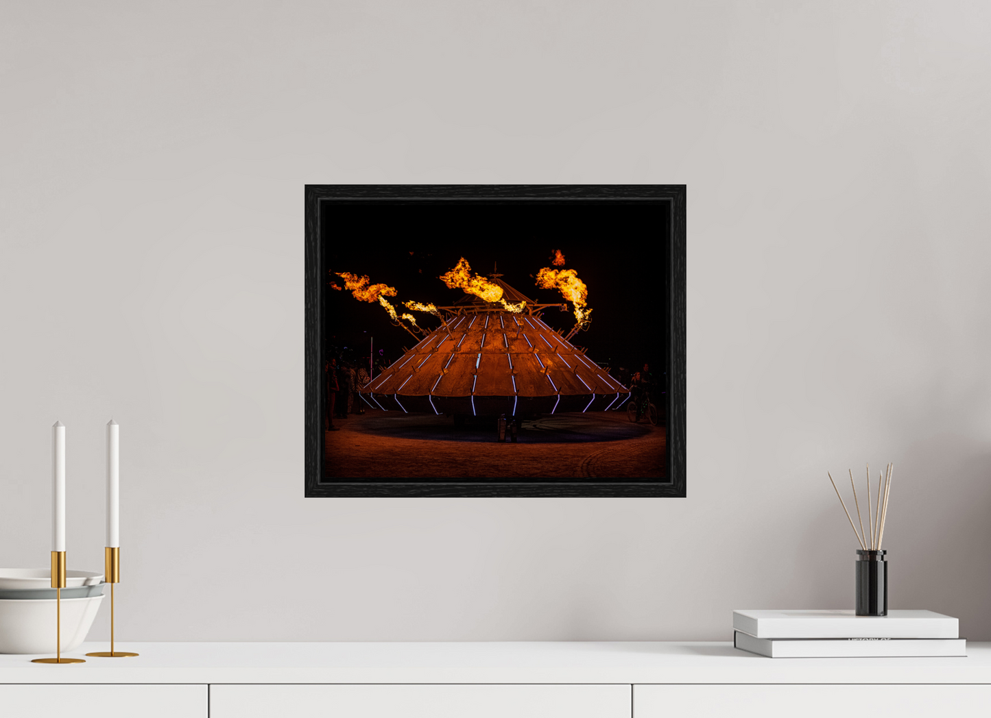 15 x 12″, Floater Frame Burning Man - Da Vinci Tank with Flames