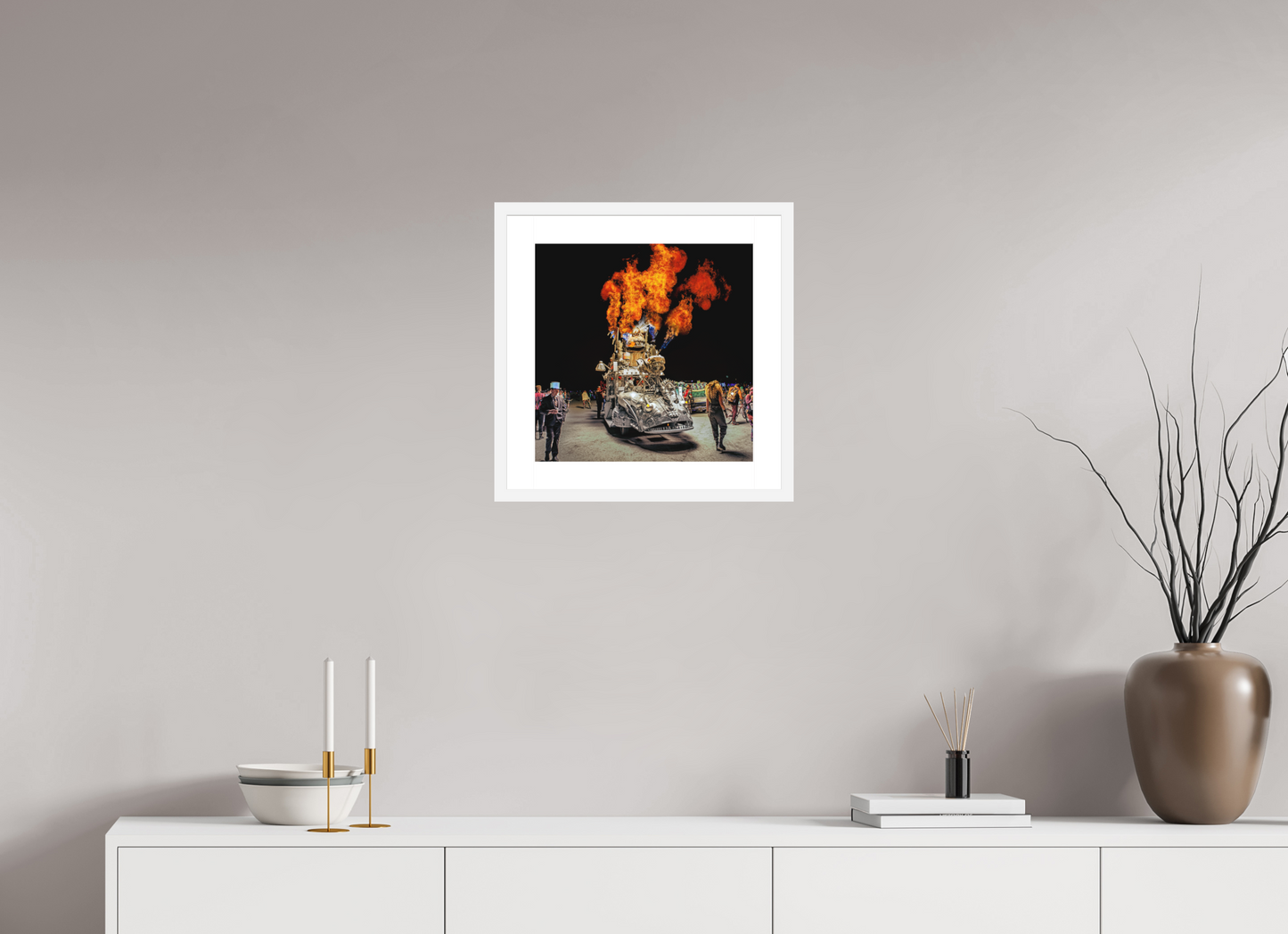 15 x 15″, Solid 0.8" White Wood Frame With 2" Natural White Passe-Partout with Museum Glass Burning Man - Art Car with Flames (square format)
