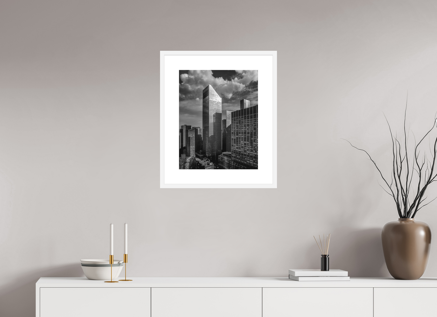 16 x 20″, Solid 0.8" White Wood Frame With 3" Natural White Passe-Partout with Museum Glass Citicorp Tower
