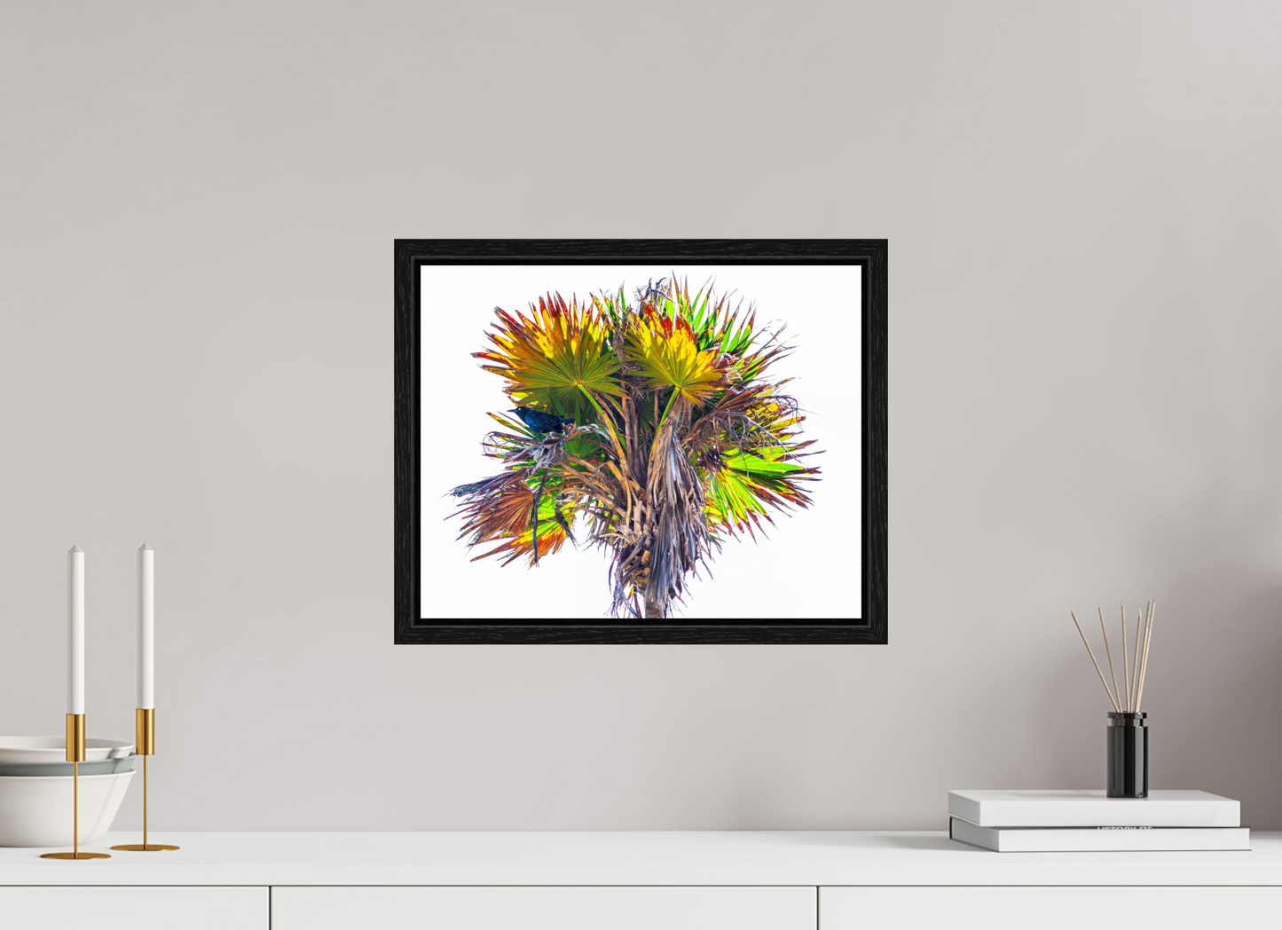 15 x 12″, Floater Frame Black Bird in Palm Tree