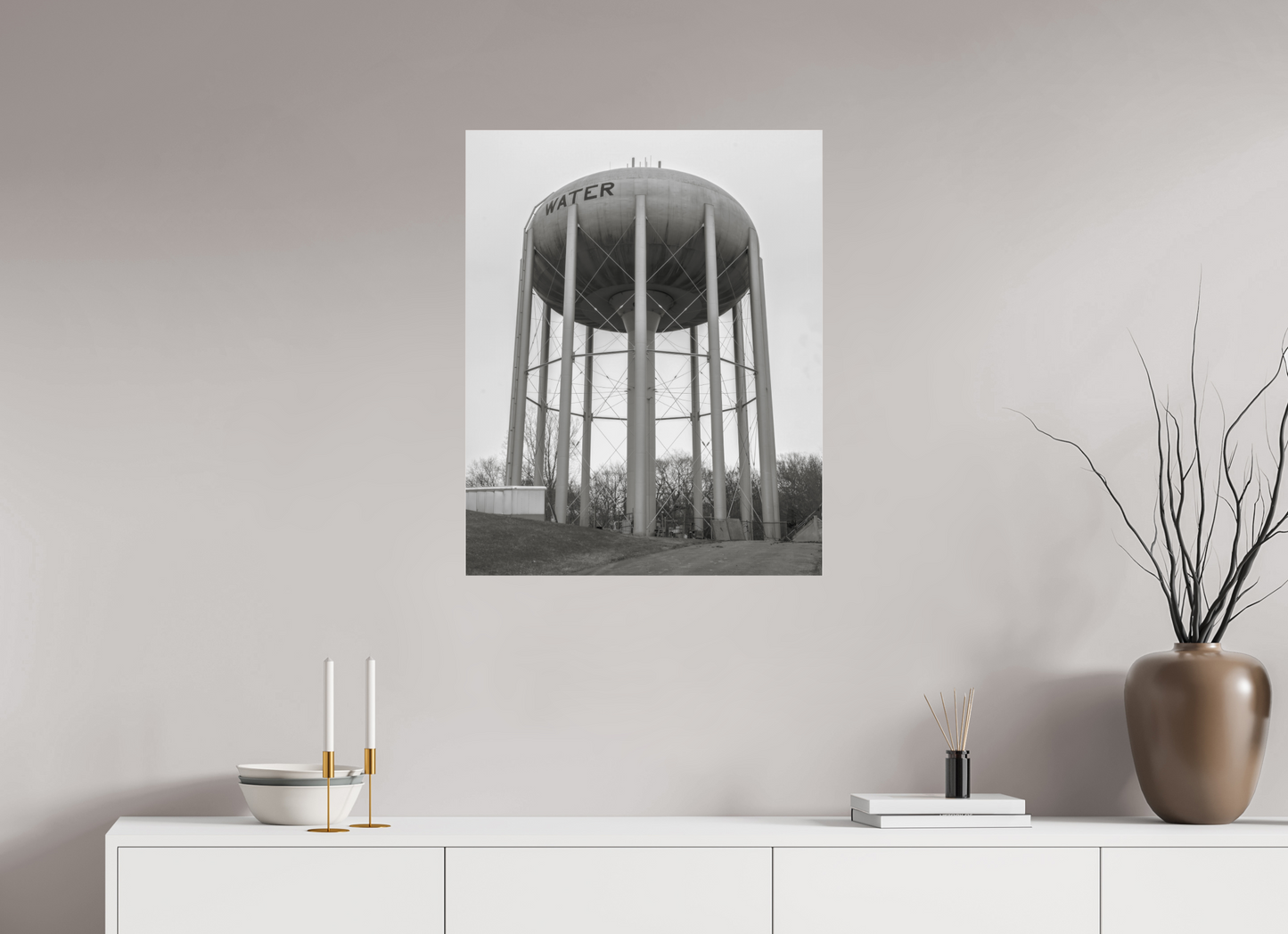 24 x 30″, Frameless Acrylic Glass Grey Water Tower