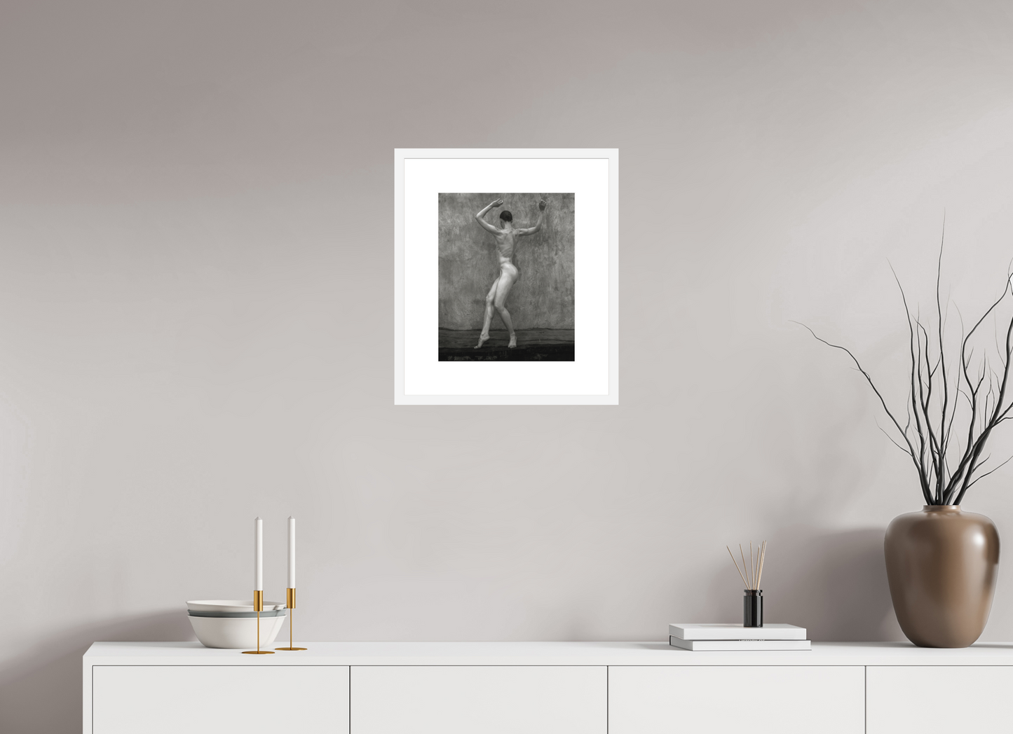 12 x 14.8″, Solid 0.8" White Wood Frame With 3" Natural White Passe-Partout with Museum Glass Nude No. 46