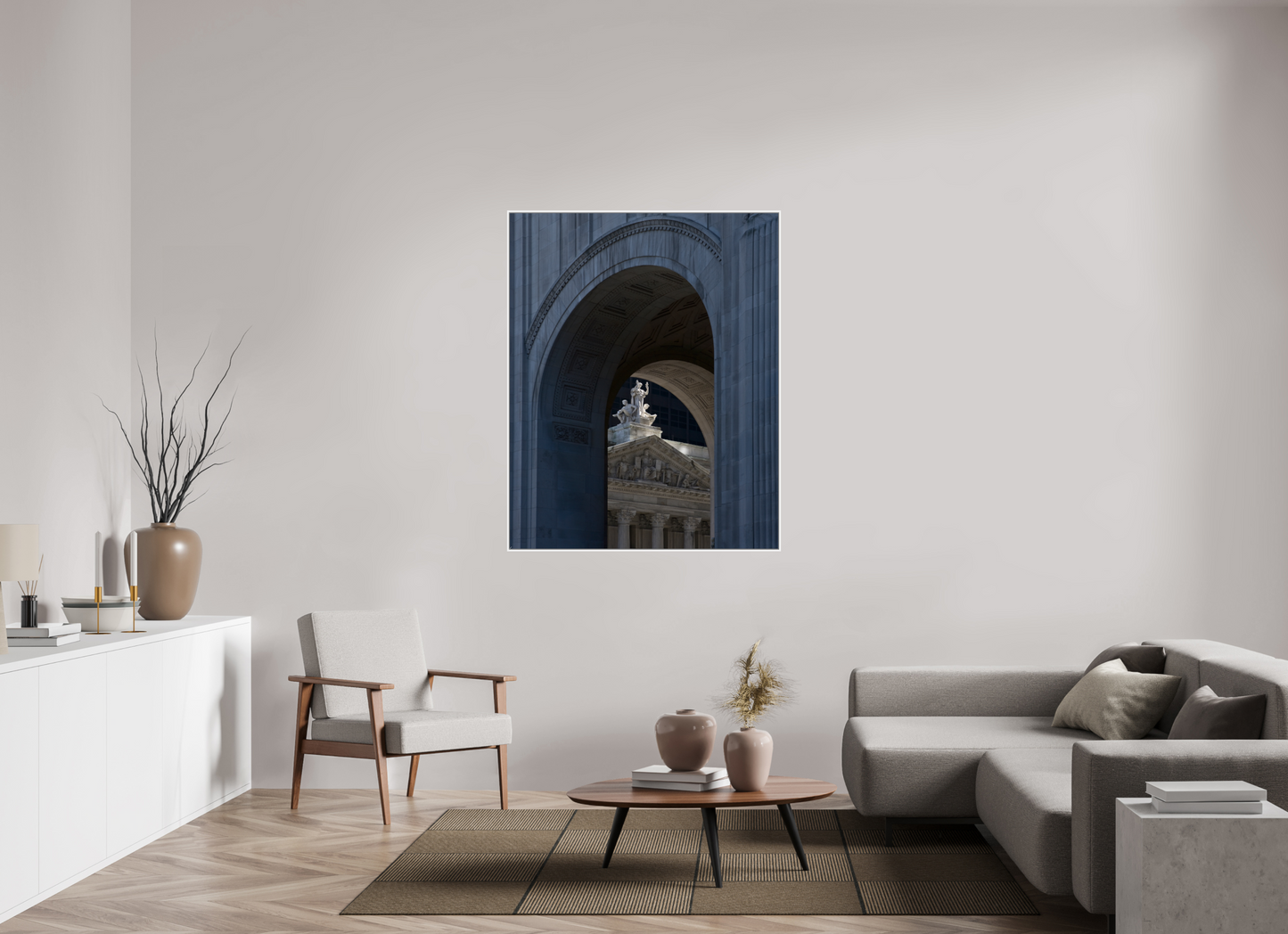 43 x 53.7″, White Matte Frame, No Border Arches with Sculptures