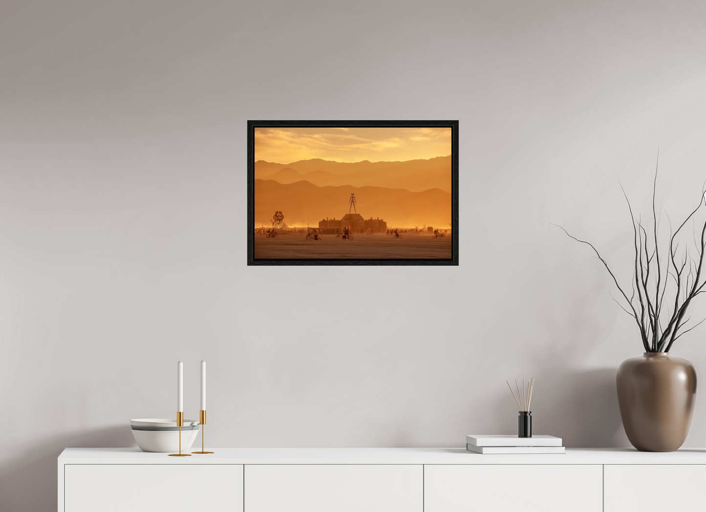 24 x 16″, Floater Frame Burning Man - Burning Man and Mountains